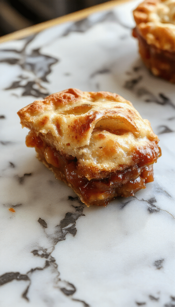 A golden-brown homemade apple pie with a lattice crust, sliced open to reveal tender spiced apple filling, garnished with a dusting of powdered sugar and served on a rustic wooden table.