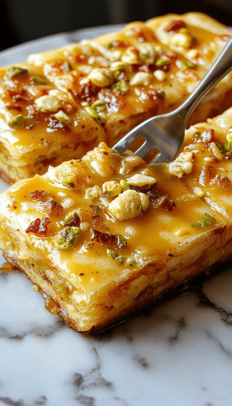 A decadent slice of Honey Pistachio Baklava Cheesecake featuring a golden-brown crust topped with glossy honey drizzle, chopped pistachios, and flaky baklava layers visible through the creamy cheesecake filling, styled on a rustic white plate with honey and pistachios around for garnish.