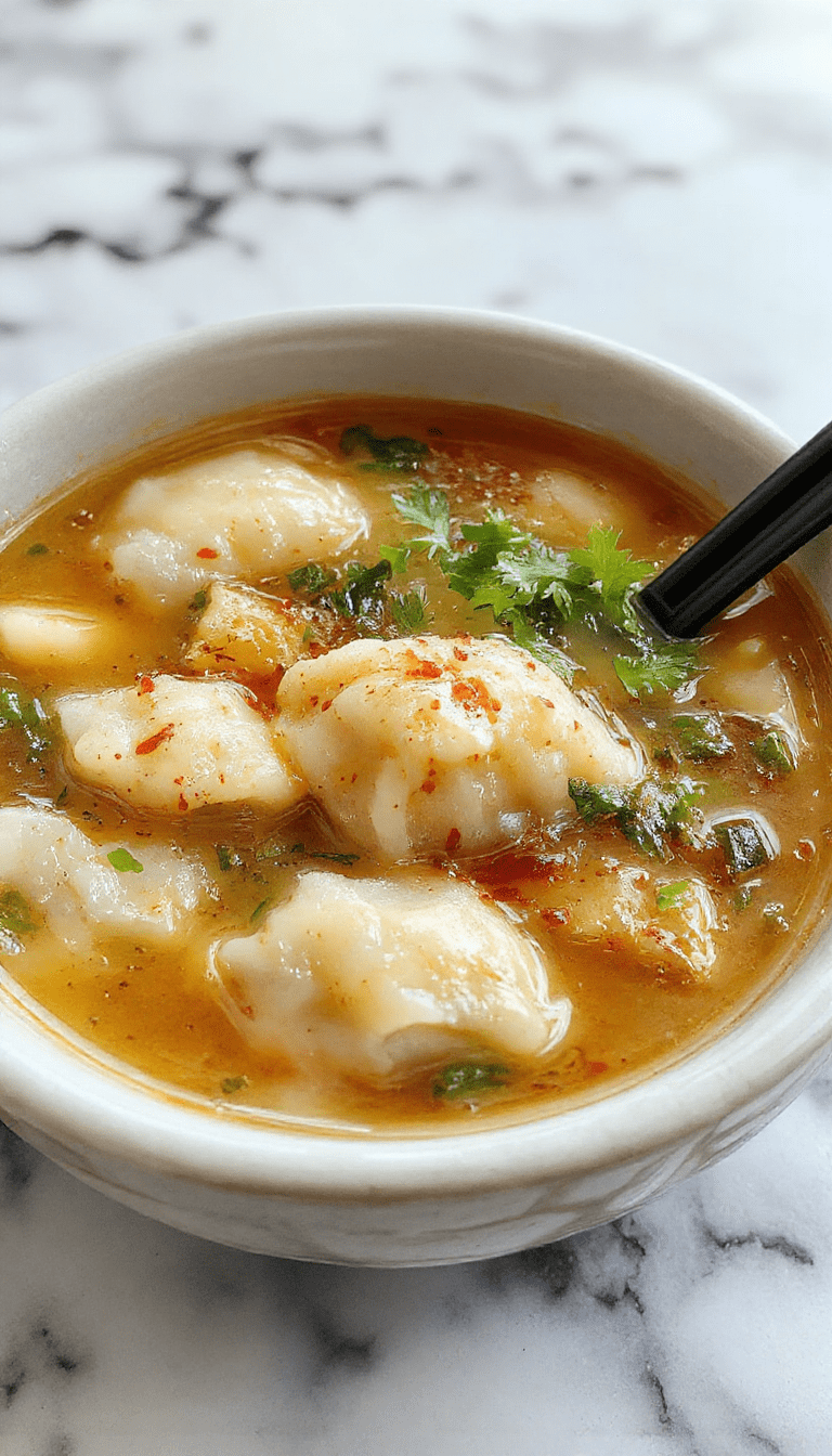 A steaming bowl of gyoza soup featuring golden-brown Japanese dumplings floating in a clear, flavorful broth, garnished with sliced scallions and sesame seeds, served in a traditional white ceramic bowl with a rustic wooden background.