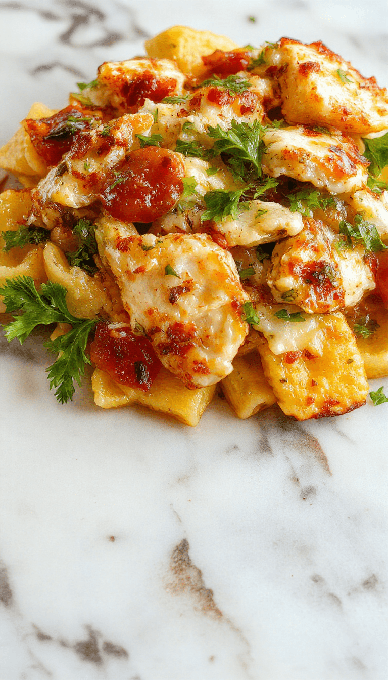 A vibrant Mediterranean chicken pasta salad on a white plate, featuring colorful cherry tomatoes, sliced cucumbers, kalamata olives, crumbled feta cheese, and grilled chicken strips, garnished with fresh parsley, with a light dressing glistening on the ingredients, styled on a rustic wooden table with a Mediterranean-themed backdrop.