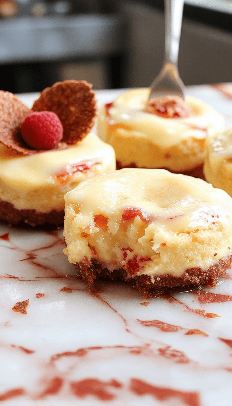 A row of golden-brown mini cheesecakes with a smooth, creamy topping, garnished with fresh berries and mint leaves on a white plate, styled with a rustic wooden background and soft natural lighting.