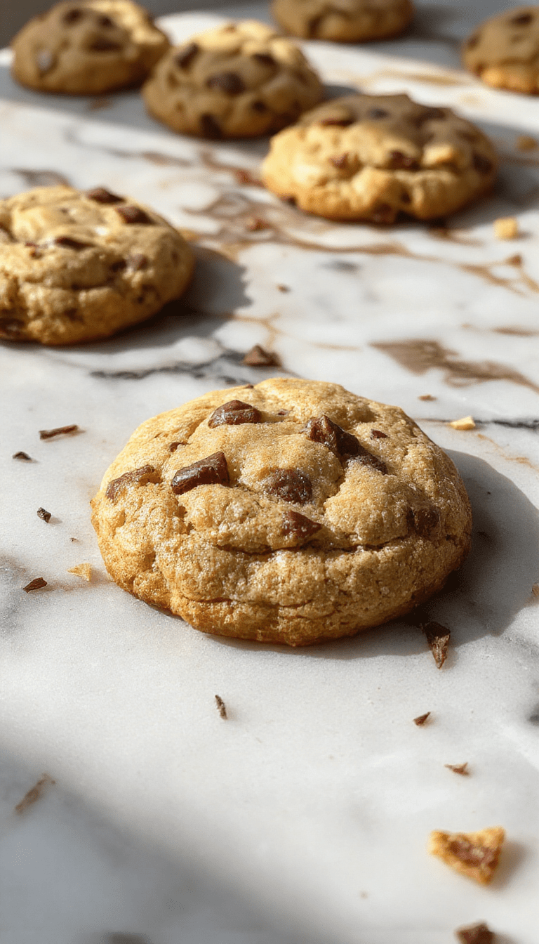 A close-up of golden-brown Neiman Marcus cookies with a slightly cracked surface, stacked on a rustic wooden plate, garnished with a few chocolate chips scattered around, styled with a vintage spoon and a soft blurred background highlighting the warm, inviting textures of the freshly baked cookies.