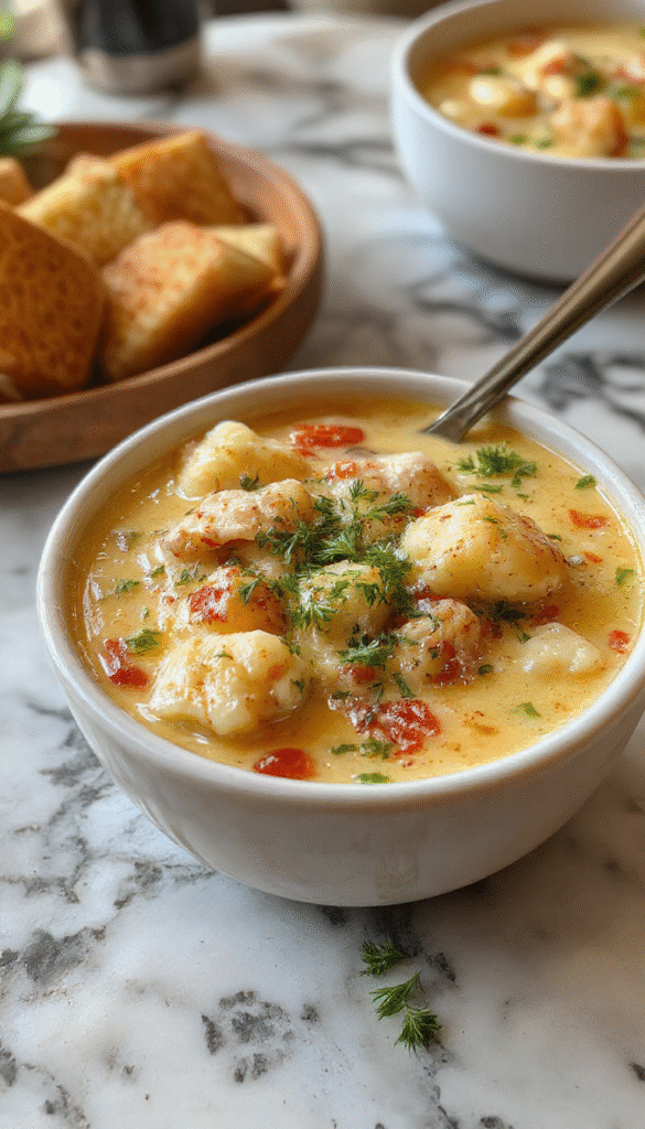 A warm, inviting bowl of Olive Garden Chicken Gnocchi Soup featuring tender chicken, soft gnocchi, fresh spinach, and a creamy broth, garnished with herbs and served with crusty bread on a rustic wooden table.