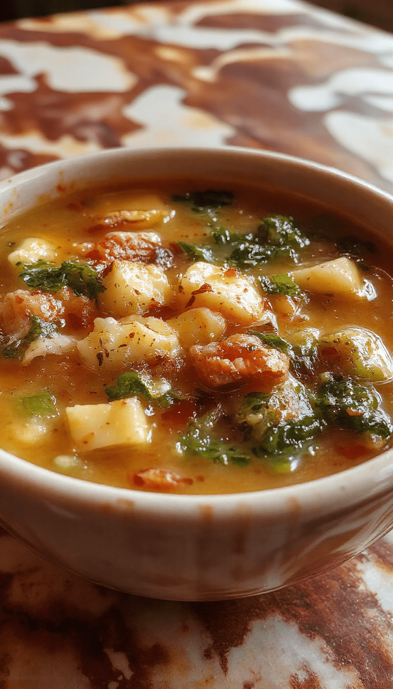 A vibrant bowl of vegetable soup featuring a colorful mix of chopped carrots, zucchini, celery, and tomatoes, topped with fresh herbs, served in a rustic white bowl with a spoon, set on a wooden table with a backdrop of leafy greens and a basket of crusty bread.
