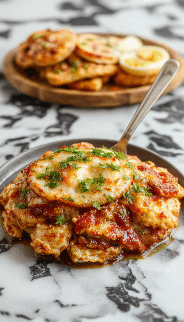 A vibrant skillet filled with golden-brown grilled chicken pieces topped with fresh herbs, colorful roasted vegetables, and drizzled with a tangy sauce, all on a rustic wooden table with a football-themed napkin nearby.