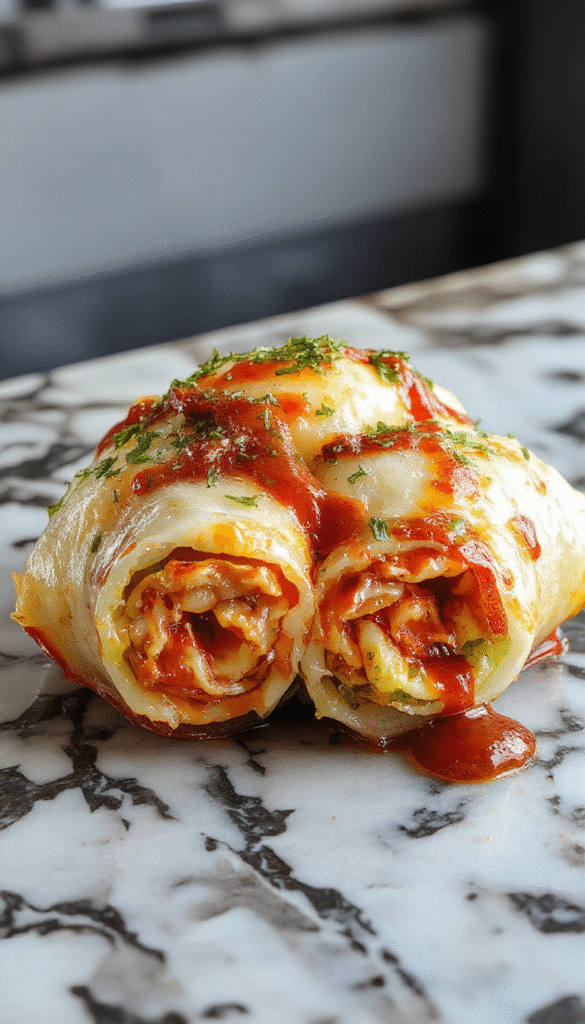 A vibrant plate of cabbage rolls featuring golden-brown cabbage leaves filled with seasoned meat, garnished with fresh herbs, served alongside a tangy tomato sauce, all on a rustic wooden table.