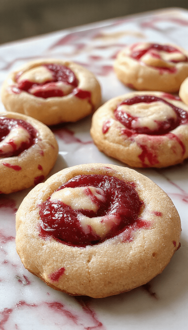 Colorful raspberry swirl cookies arranged on a white plate with a vibrant pink and red raspberry filling visible through a golden-brown cookie exterior, styled with fresh raspberries and mint leaves for an inviting presentation.