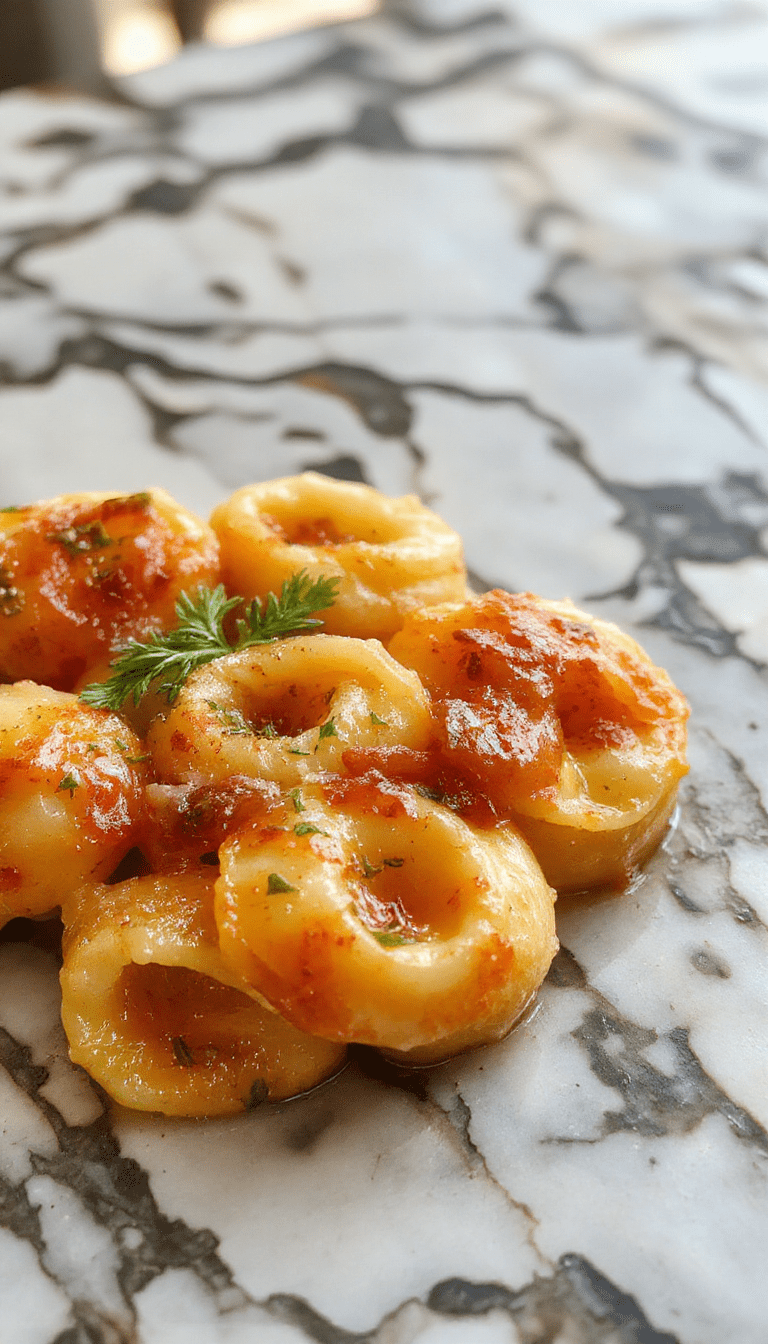 Colorful plate of Marry Me Tortellini featuring golden cheese-filled tortellini arranged on a white dish, garnished with fresh basil and cherry tomatoes, drizzled with balsamic glaze, styled with a rustic wooden background