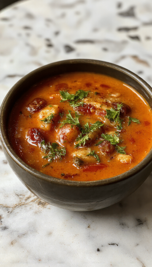 A bowl of vibrant red roasted tomato soup garnished with fresh basil leaves, served in a rustic white bowl on a wooden table with crusty bread on the side.