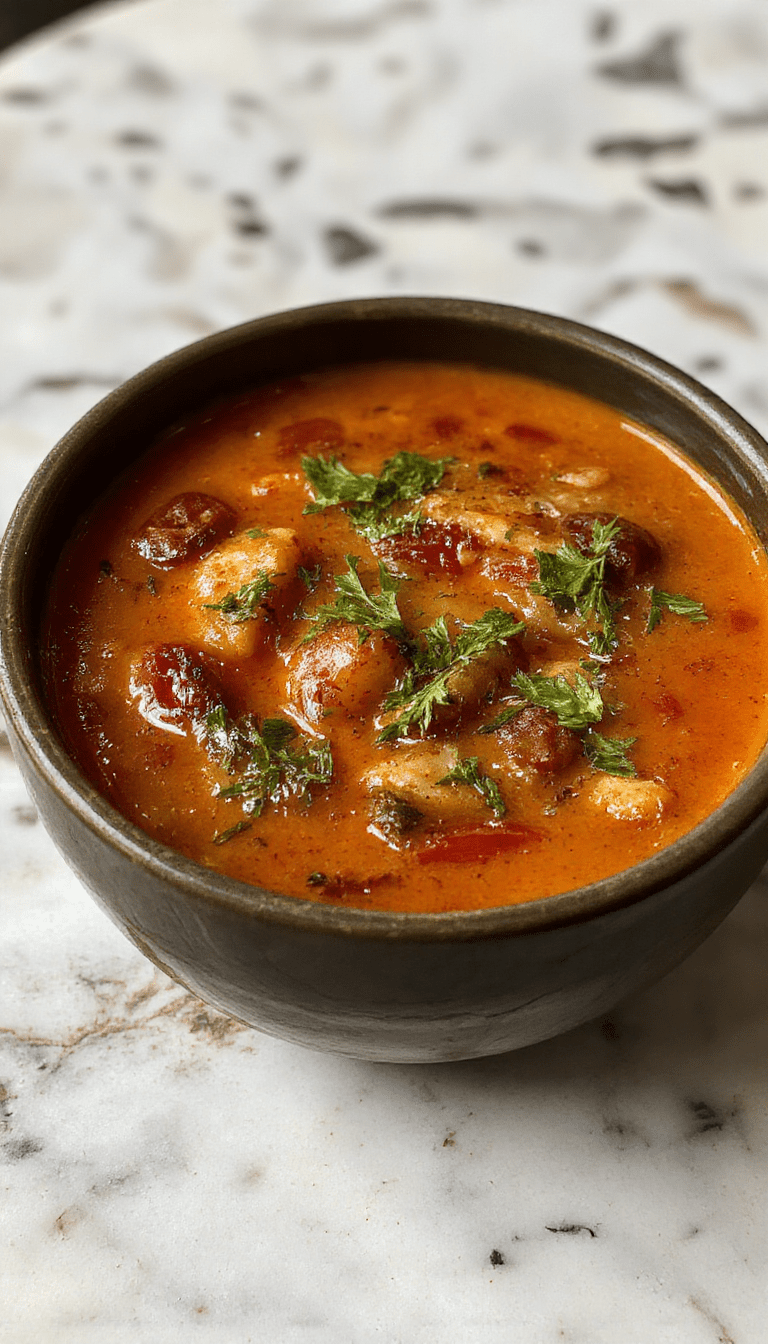 A bowl of vibrant red roasted tomato soup garnished with fresh basil leaves, served in a rustic white bowl on a wooden table with crusty bread on the side.