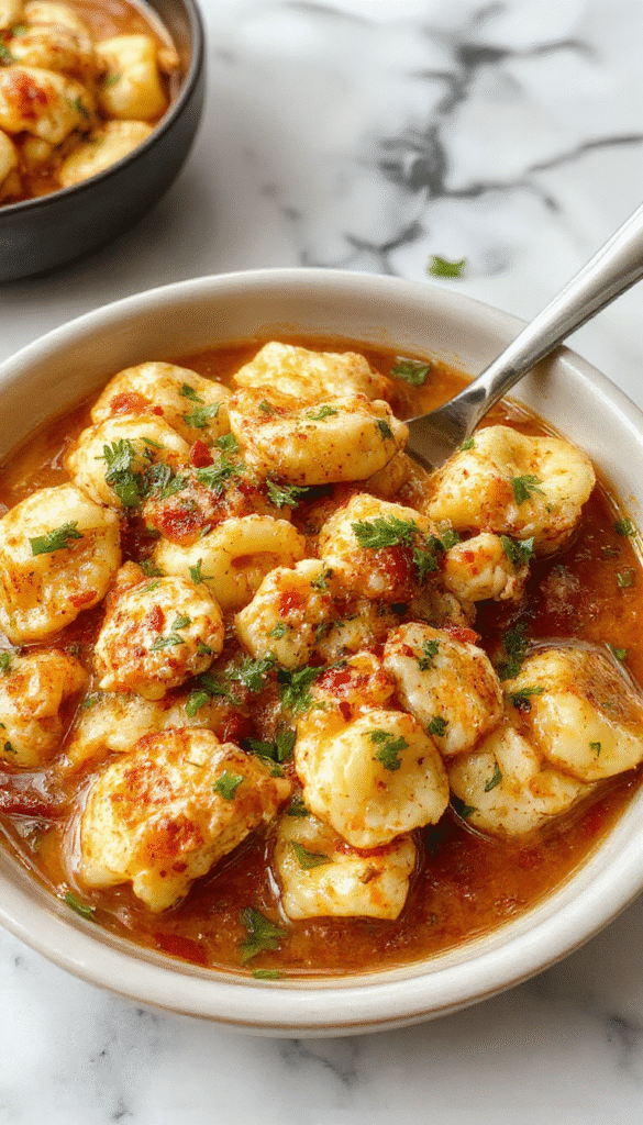 A vibrant plate of spicy garlic butter chicken tortellini featuring golden-brown chicken pieces, swirling cheesy tortellini, garnished with chopped parsley and red chili flakes, served on a white ceramic plate with a rustic wooden background.