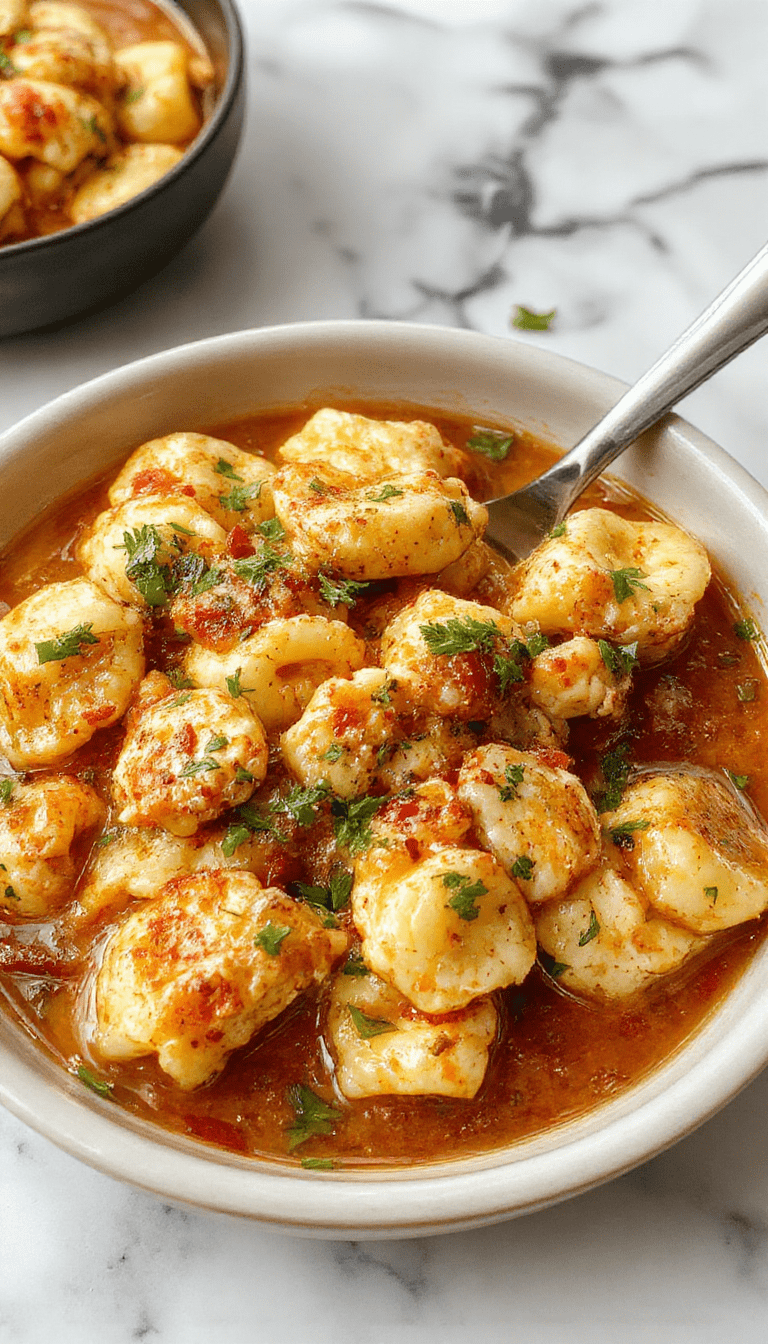 A vibrant plate of spicy garlic butter chicken tortellini featuring golden-brown chicken pieces, swirling cheesy tortellini, garnished with chopped parsley and red chili flakes, served on a white ceramic plate with a rustic wooden background.