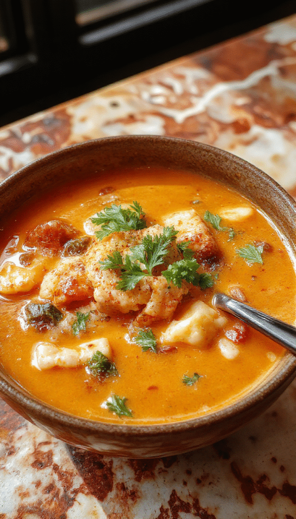 A vibrant bowl of Thai Red Curry Noodle Soup showcasing colorful red curry broth with noodles, tofu, fresh basil, red chili slices, and lime wedges, garnished with herbs and spices, styled in a rustic ceramic bowl on a wooden table.