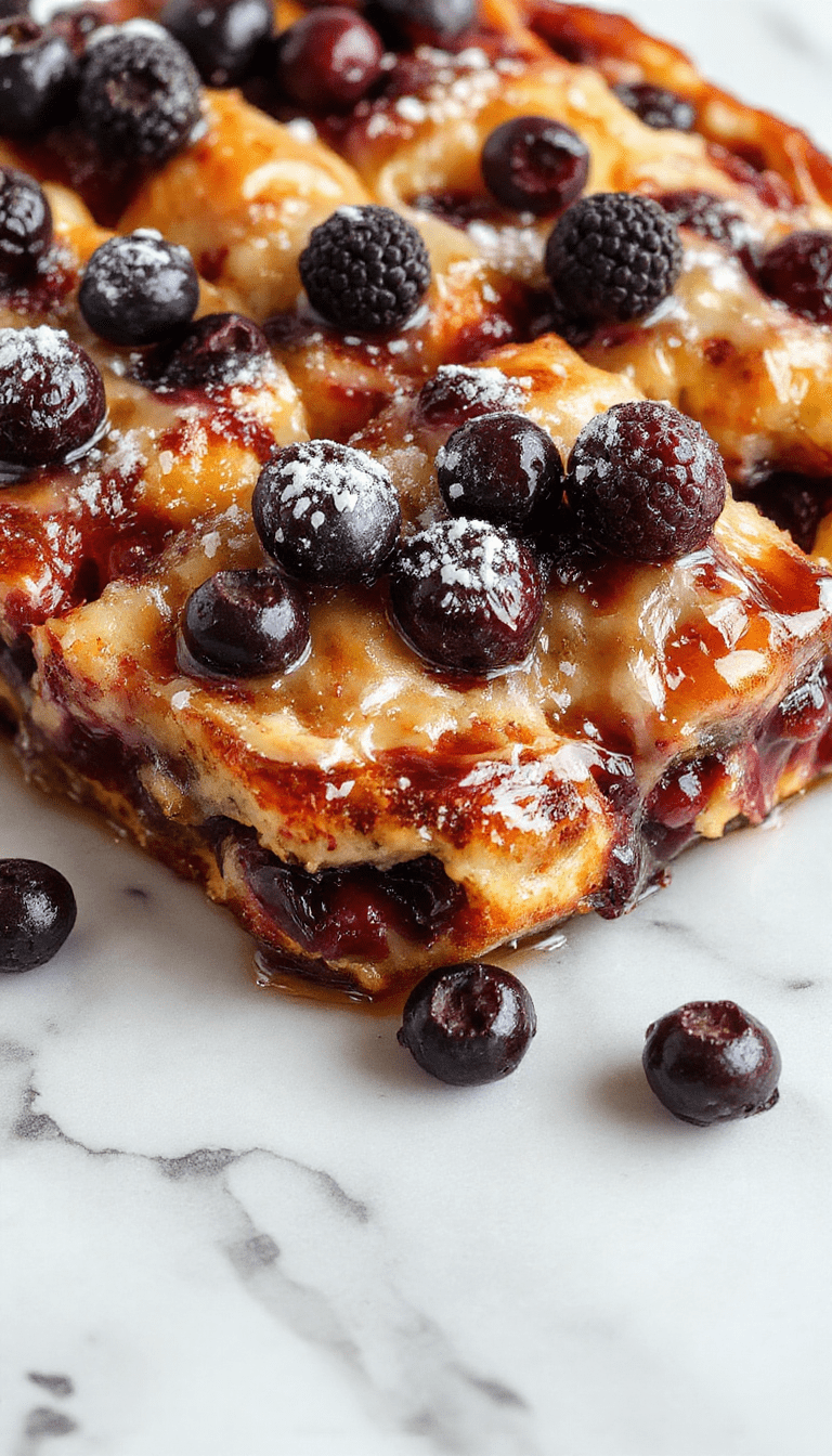 A vibrant, golden-brown french toast casserole topped with fresh blueberries, powdered sugar, and a drizzle of syrup. The dish is presented on a rustic white plate with a side of whipped cream, capturing the warm, inviting textures and colorful berries that highlight its fruity and comforting appeal.