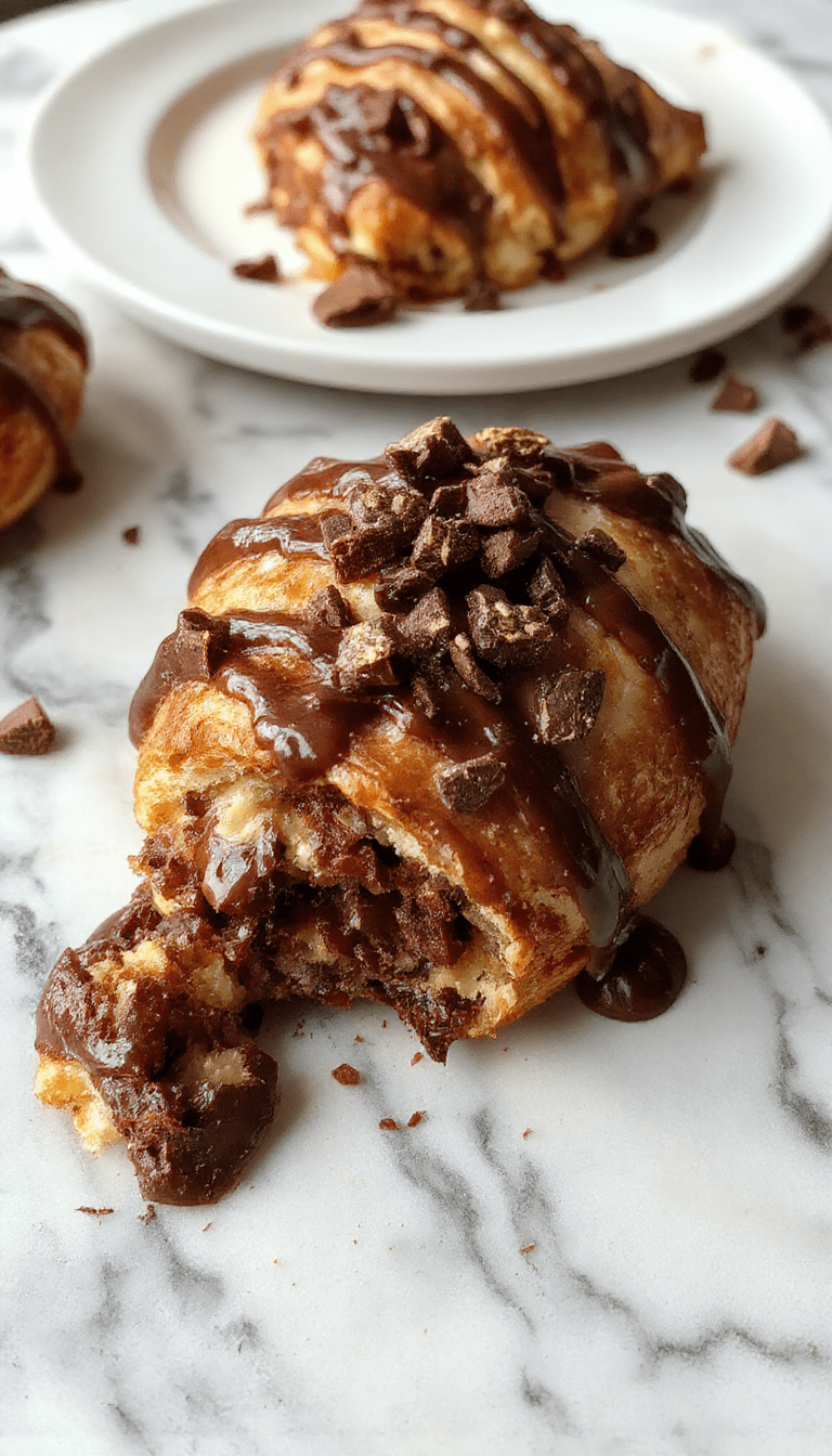 A golden-brown baked chocolate croissant breakfast casserole topped with powdered sugar, served in a white dish with fresh berries and mint, the flaky layers of croissants visible with melted chocolate filling, set against a rustic wooden table with a light background.