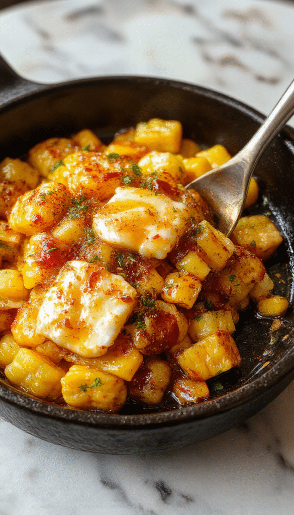 A vibrant, steaming skillet of golden yellow corn kernels coated in glossy honey butter, garnished with fresh herbs and served on a rustic wooden table with a drizzle of honey and bubbly melted butter.