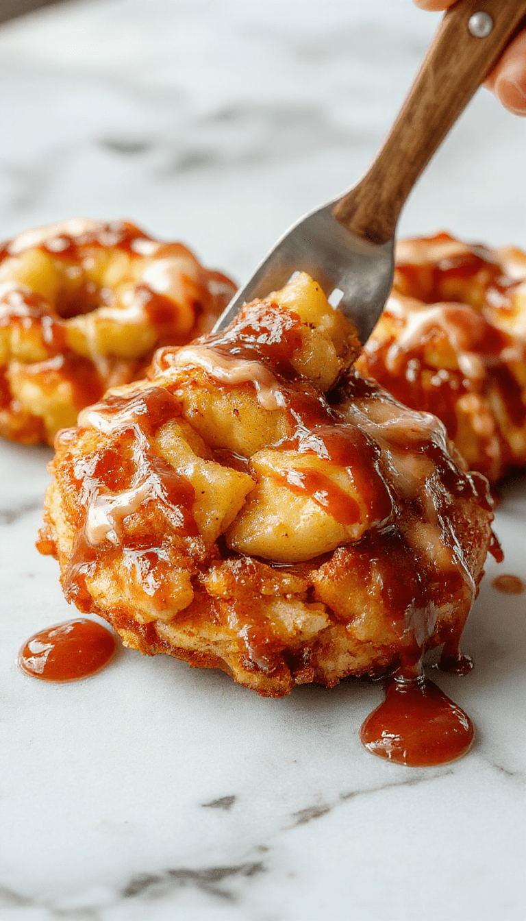 A close-up of golden-brown baked apple fritters drizzled with a shiny, translucent glaze on a rustic wooden plate, garnished with cinnamon and apple slices, styled for a cozy dessert presentation