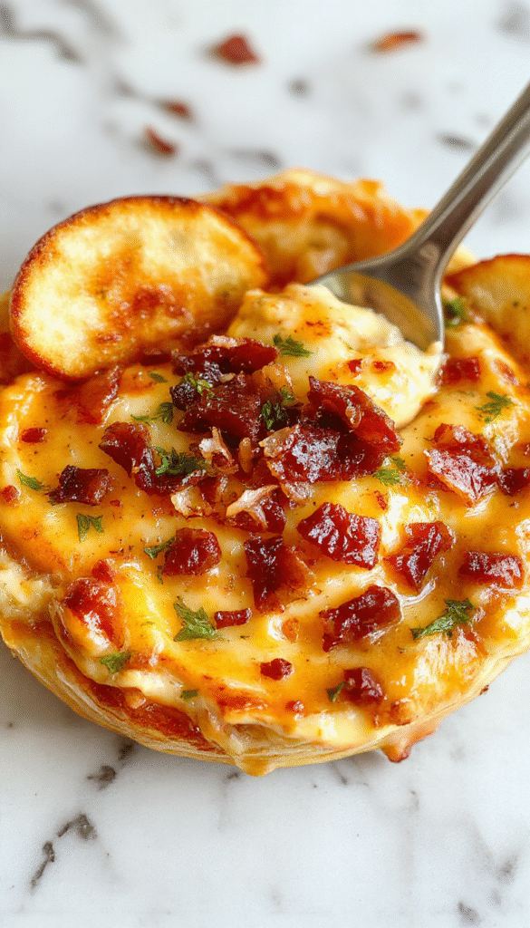 A creamy bowl of maple bacon cheese dip topped with crispy bacon bits and drizzled with maple syrup. The dish is presented on a rustic wooden platter with a side of fresh bread slices, exuding a warm and inviting atmosphere with vibrant colors and textures.