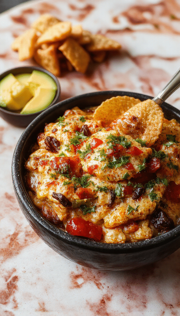 A vibrant bowl of Texas Trash Dip overflowing with melted cheese, chopped jalapenos, and seasoned ground beef on a rustic wooden table, garnished with fresh herbs and served with tortilla chips, showcasing a gooey, cheesy, and savory explosion of flavors.