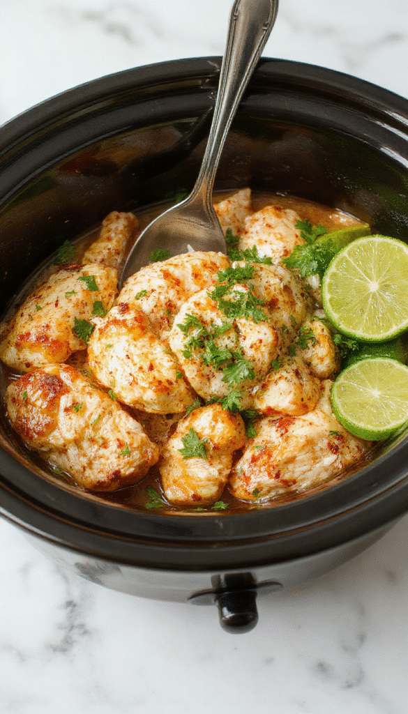 A vibrant plate of shredded chicken glazed in a creamy coconut lime sauce, garnished with fresh lime slices and chopped cilantro, presented on a white ceramic plate with a tropical wooden background and colorful garnishes.