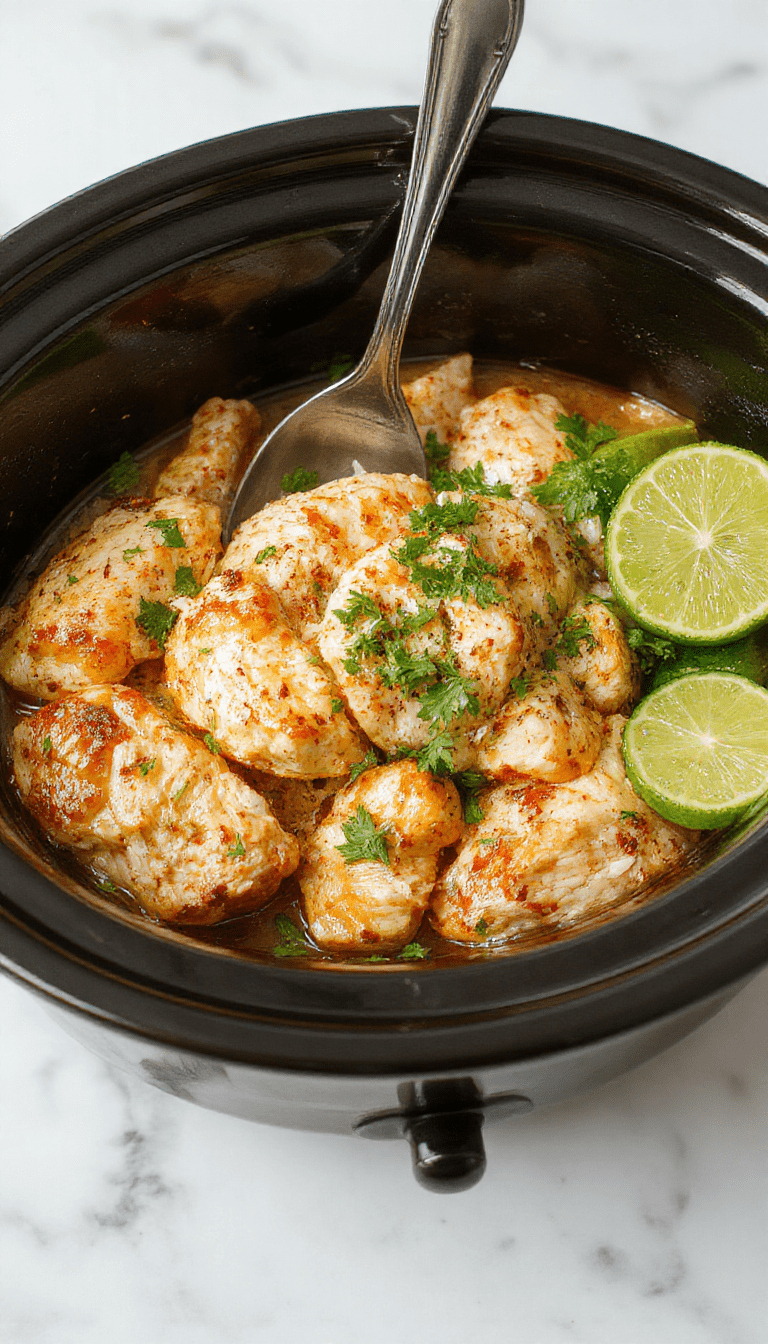 A vibrant plate of shredded chicken glazed in a creamy coconut lime sauce, garnished with fresh lime slices and chopped cilantro, presented on a white ceramic plate with a tropical wooden background and colorful garnishes.