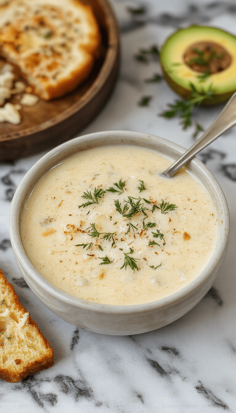 A steaming bowl of Tuscan Parmesan Cream Soup showcases a rich, velvety texture, topped with freshly grated Parmesan cheese and a sprinkle of herbs, served in a rustic white bowl on a wooden table with a spoon and crusty bread on the side, capturing warm and inviting culinary appeal with vibrant colors and cozy presentation.