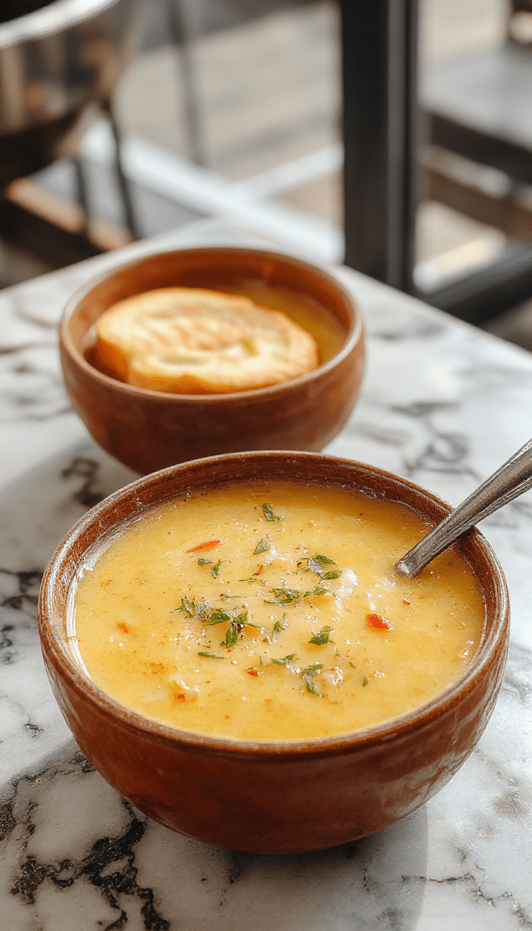 A steaming bowl of hearty comfort soup garnished with fresh herbs, colorful vegetables, and chunks of tender meat, served on a rustic wooden table with a warm ambiance.
