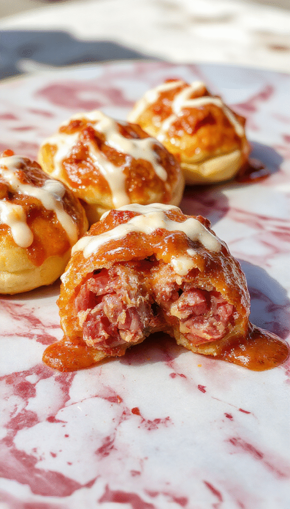 Golden-brown pigs in a blanket arranged on a white plate with some drizzled mustard, crispy exterior, soft dough interior, garnished with fresh herbs and served on a rustic wooden table