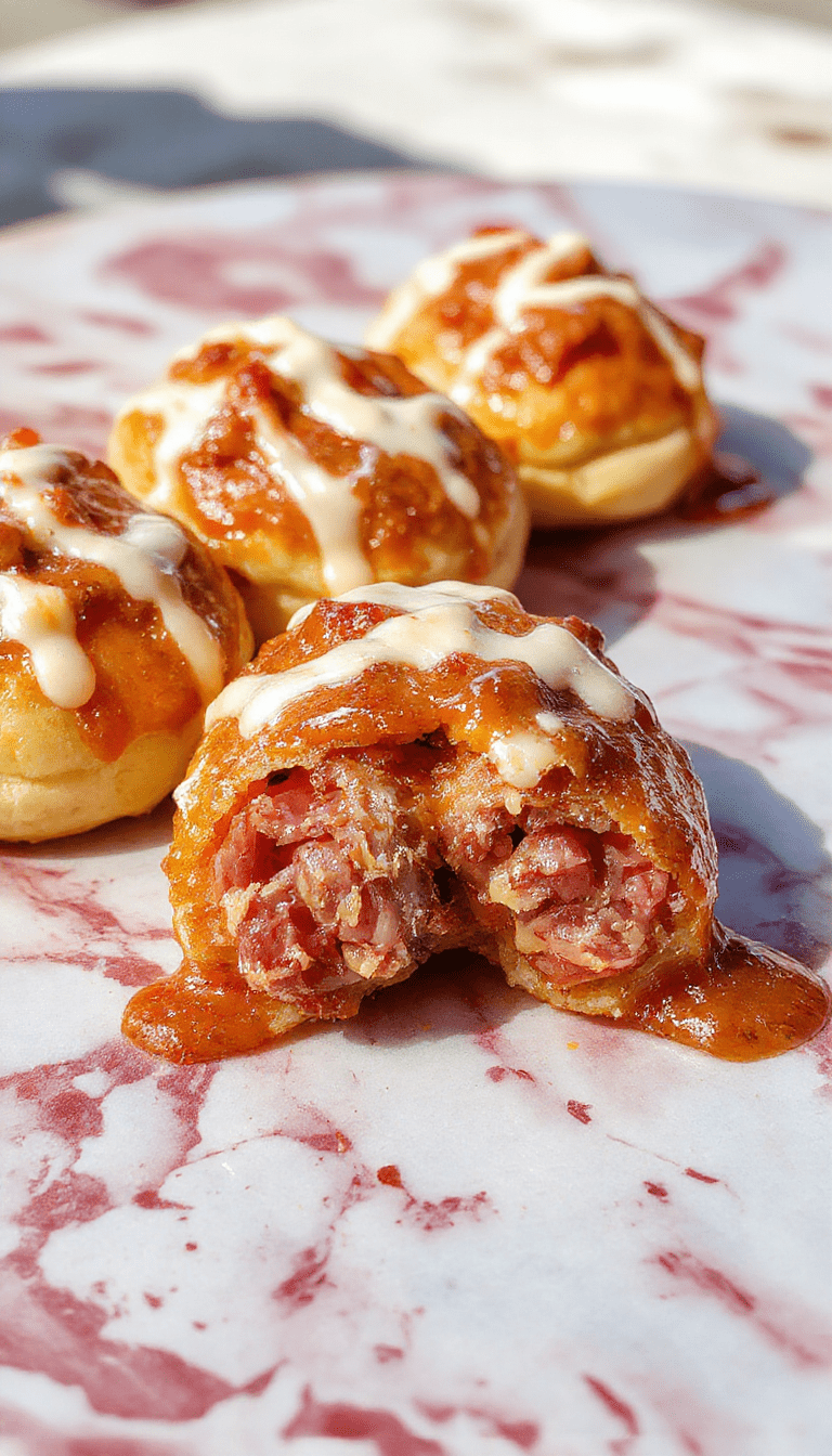 Golden-brown pigs in a blanket arranged on a white plate with some drizzled mustard, crispy exterior, soft dough interior, garnished with fresh herbs and served on a rustic wooden table