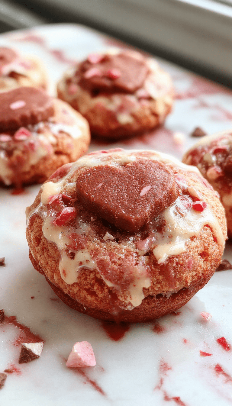 A close-up of elegant Valentine ganache cookies arranged on a white plate. The cookies are glossy with smooth chocolate ganache topping, garnished with red and pink sprinkles and edible glitter. The background features soft pastel colors, giving a romantic and festive feel with a hint of delectable textures and shiny coatings.
