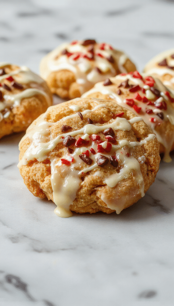 Colorful Christmas-themed image of chewy maple cookies dipped in smooth white chocolate, arranged on a festive platter with pine branches and red berries, showcasing glossy coating and textured cookie surface.