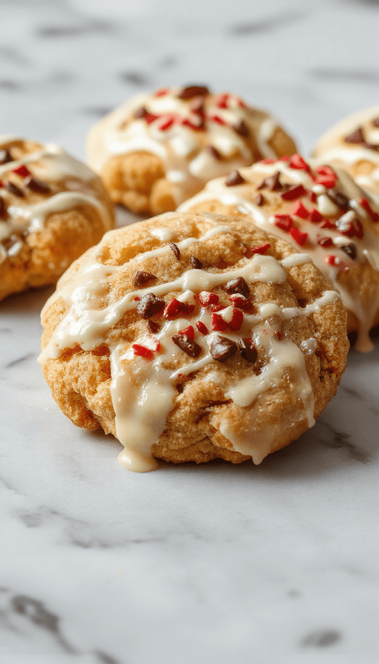 Colorful Christmas-themed image of chewy maple cookies dipped in smooth white chocolate, arranged on a festive platter with pine branches and red berries, showcasing glossy coating and textured cookie surface.