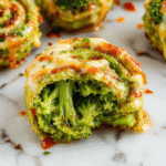 Colorful broccoli cheese pinwheels arranged on a white plate, showcasing golden crispy edges, vibrant green broccoli bits inside creamy cheese swirls, styled with a light sprinkle of herbs, presented on a rustic wooden table with a bright background.