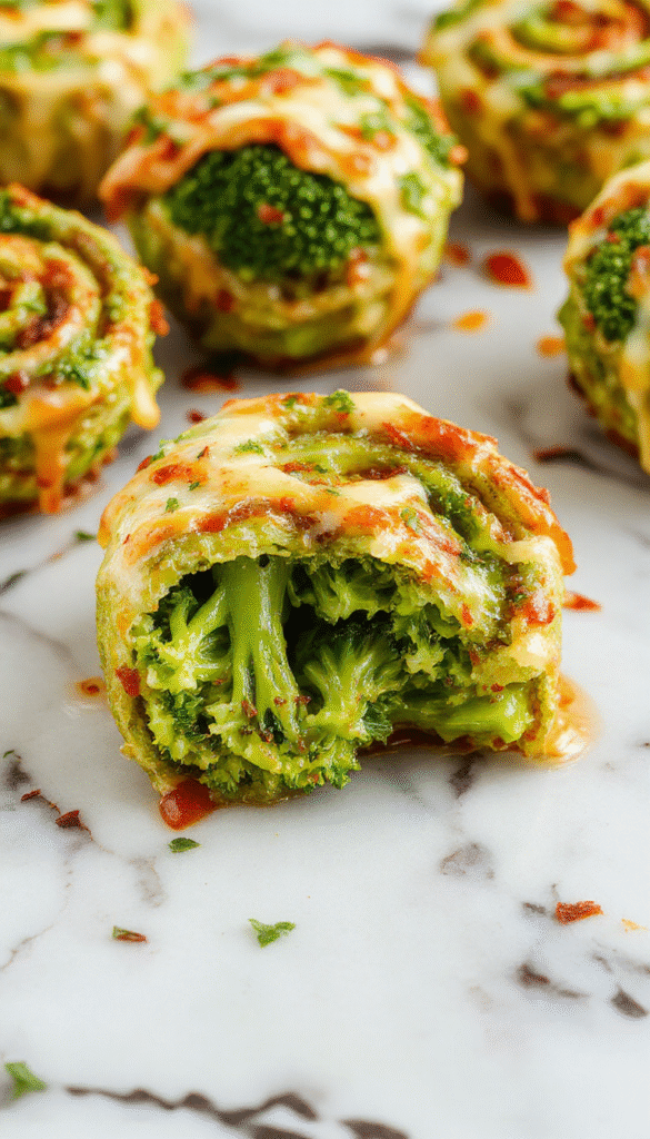 Colorful broccoli cheese pinwheels arranged on a white plate, showcasing golden crispy edges, vibrant green broccoli bits inside creamy cheese swirls, styled with a light sprinkle of herbs, presented on a rustic wooden table with a bright background.