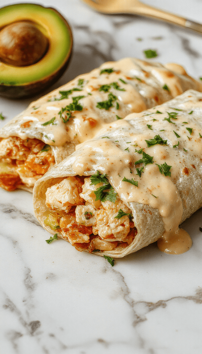 A vibrant plate featuring a freshly prepared chicken avocado wrap sliced in half, revealing creamy avocado, juicy chicken, and fresh greens. The wrap is neatly arranged on a rustic wooden table with colorful side vegetables and a drizzle of sauce, highlighting textures and bright colors.