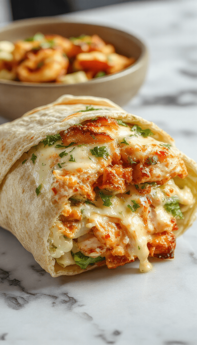 A vibrant plate featuring a sliced Chicken Caesar Wrap showcasing fresh romaine lettuce, grilled chicken strips, creamy Caesar dressing, and crispy tortillas garnished with Parmesan cheese, presented on a rustic wooden table with a side of cherry tomatoes and lemon wedges.