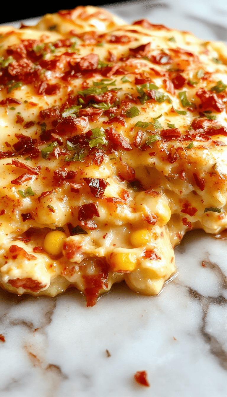 A vibrant bowl of crack corn dip topped with melted cheese, chopped green onions, and crispy bacon bits, served with colorful tortilla chips and fresh vegetable sticks, showcasing creamy, crunchy textures and inviting presentation.