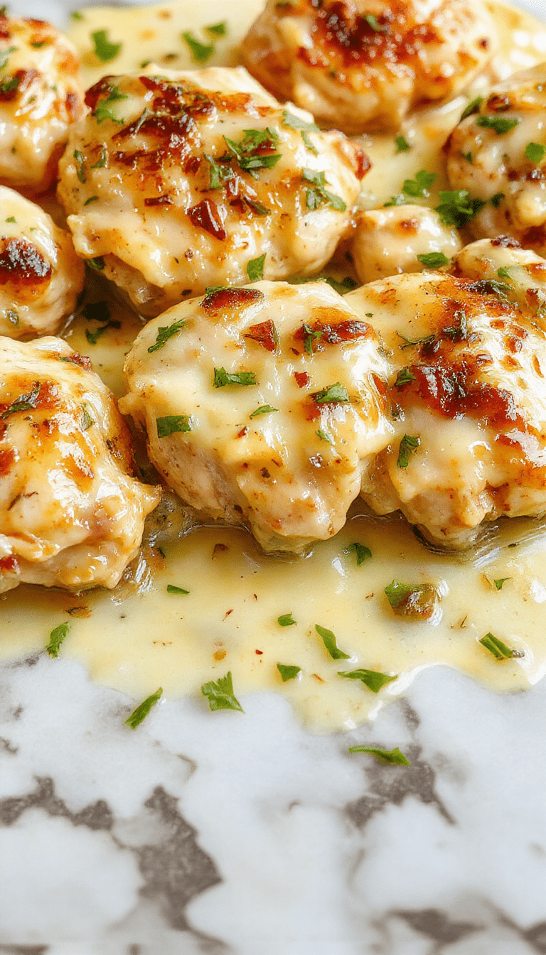 A close-up of a plated dish featuring tender garlic butter chicken breasts topped with fresh parsley, golden-brown exterior, surrounded by roasted garlic cloves and a drizzle of buttery sauce, on a rustic white plate against a blurred wooden table background.
