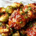Colorful dish featuring golden crispy chicken coated in glossy sweet chili sauce, served alongside vibrant roasted Brussels sprouts on a white plate, garnished with fresh herbs, with a textured wooden background.