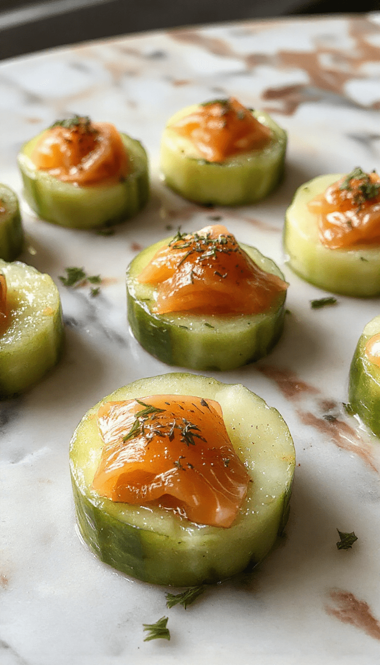 Colorful platter of cucumber slices topped with smoked salmon, garnished with fresh dill and lemon wedges, arranged elegantly on a white serving tray with a rustic wooden background, showcasing a refreshing and savory appetizer with textures of crisp cucumber and silky smoked salmon.
