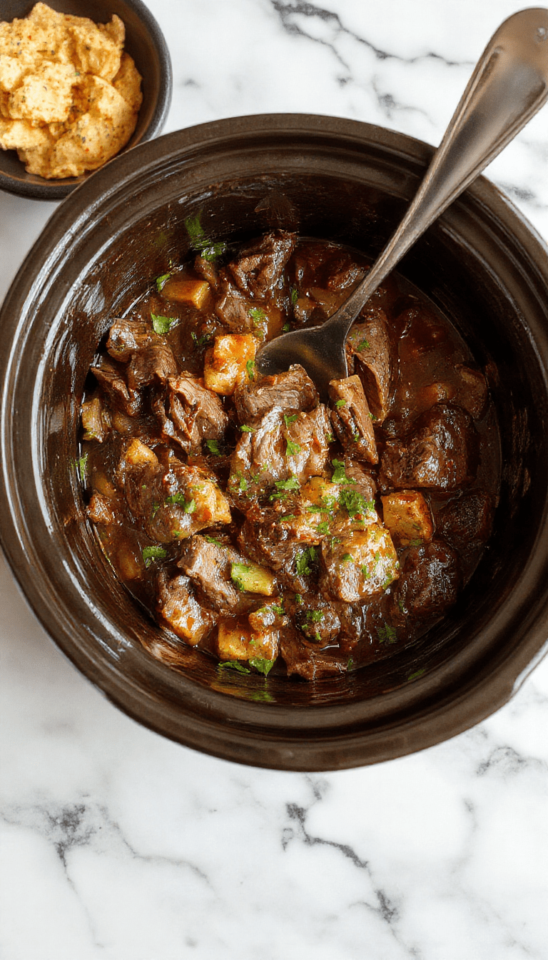 A close-up of tender beef strips and colorful bell peppers in a rich brown gravy, served over steamed rice on a white plate with a garnish of chopped green onions, styled on a rustic wooden table