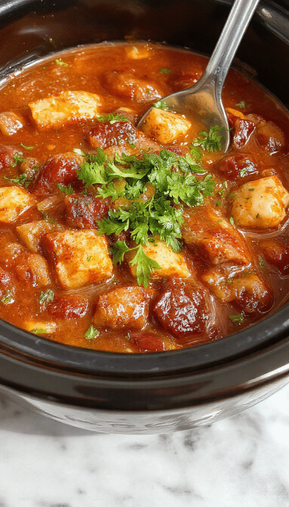 A rustic crock pot filled with savory poor man's stew featuring chunks of beef, potatoes, carrots, and peas, served in a homey kitchen setting with steam rising and a hearty, comforting appearance.