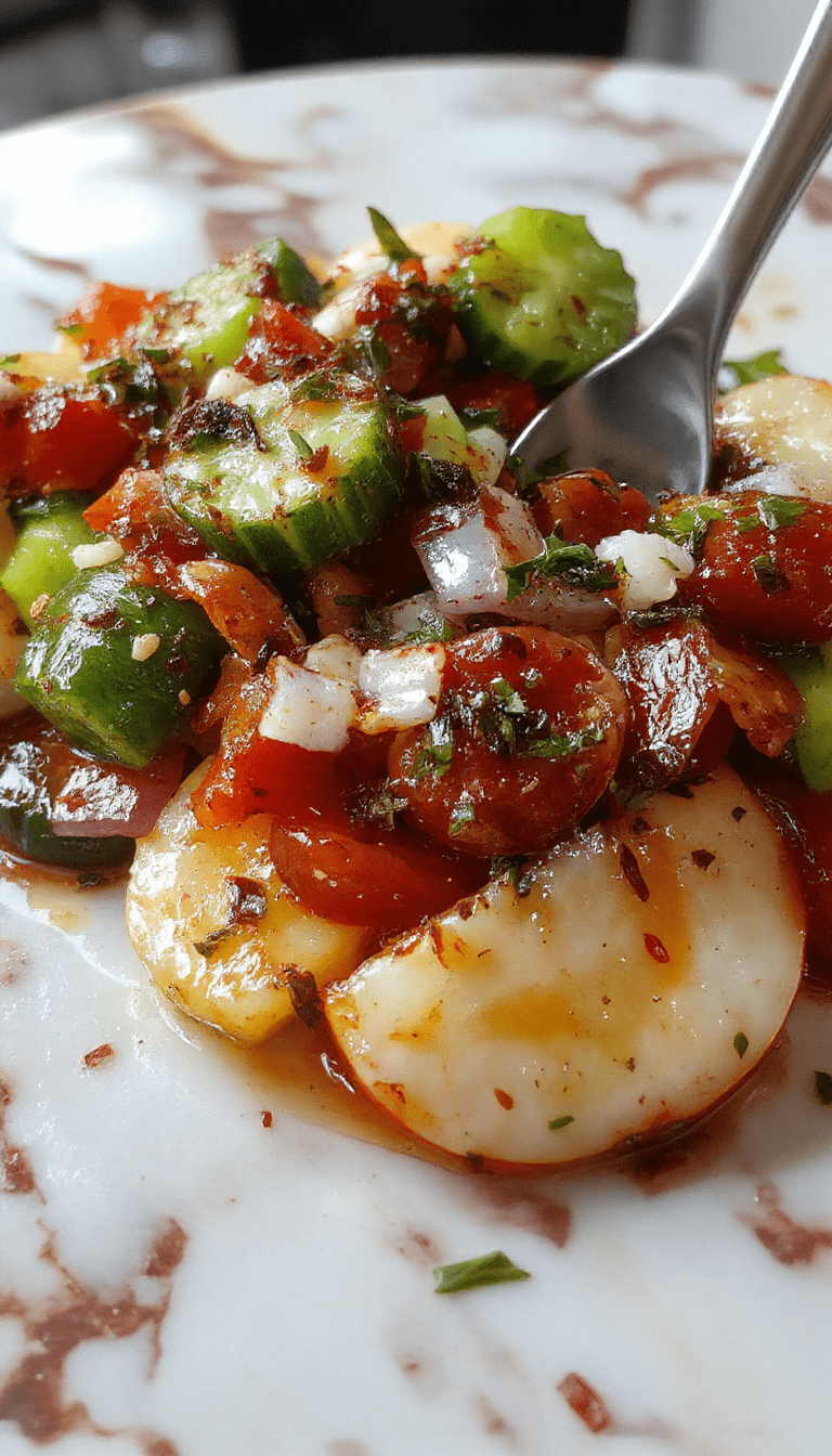 Vibrant Mediterranean salad featuring chopped cucumber, ripe red tomatoes, and thinly sliced onions arranged on a white plate, garnished with fresh herbs and drizzled with olive oil, showcasing bright colors and textured ingredients.