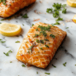 A beautifully plated piece of salmon fillet cooked in an air fryer, showing a golden crispy exterior with light pink interior, garnished with fresh herbs and lemon slices on a white ceramic plate against a soft pastel background.