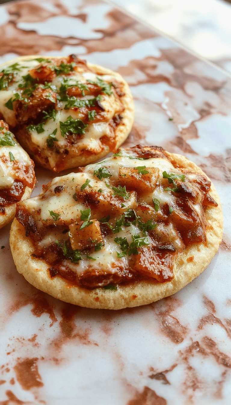 Colorful assortment of pita pizzas topped with vibrant vegetables, melted cheese, and savory meats arranged on a rustic wooden platter. The pizzas display crispy edges and gooey cheese, garnished with fresh herbs and sliced vegetables, styled in a casual, inviting setting with a bright kitchen background.