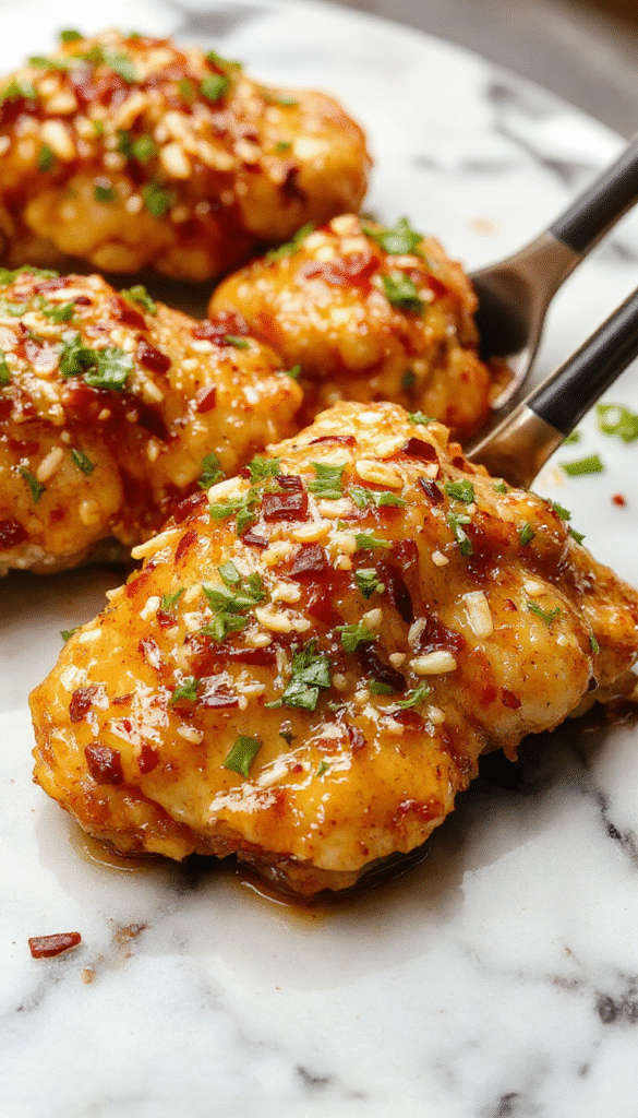 A vibrant plate of sesame chicken featuring golden-brown pieces coated in glossy sauce, topped with sprinkled sesame seeds and green onions, served on a rustic wooden board with colorful vegetables and chopsticks in the background, highlighting a fresh and appetizing presentation.