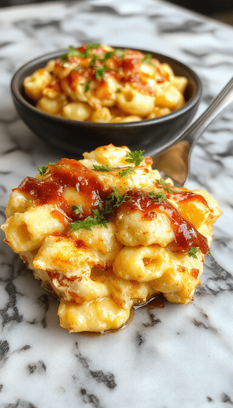 A beautifully plated bowl of creamy mac and cheese topped with shredded BBQ honey glazed chicken pieces, garnished with chopped parsley and sesame seeds, vibrant colors of golden cheese, tender chicken, and fresh herbs create an inviting and comforting visual.