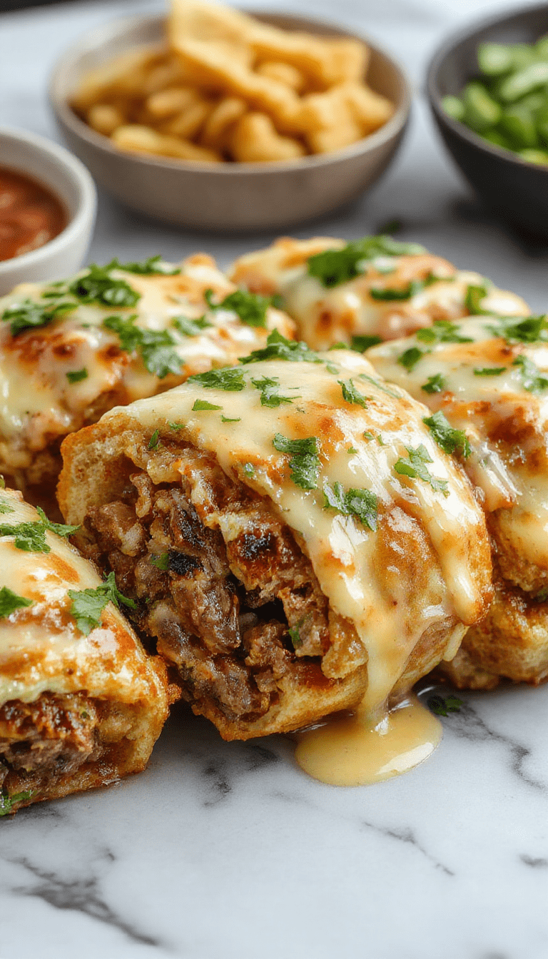 Colorful platter featuring golden-brown keto Philly cheesesteak rolls with melted cheese oozing from the crispy exterior, garnished with fresh herbs on a rustic wooden board