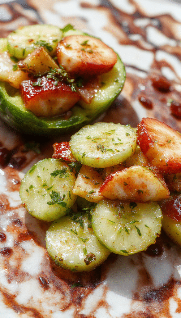 A vibrant bowl of cucumber strawberry salad featuring fresh sliced cucumbers and sweet strawberries, garnished with mint leaves. The colorful ingredients are beautifully arranged on a white plate, highlighting the crisp textures and bright red and green hues. The background is softly blurred, emphasizing the freshness and inviting presentation.