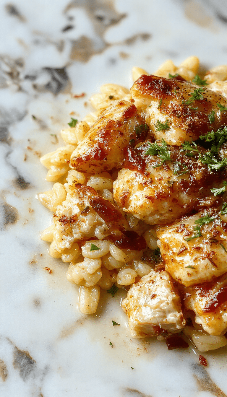 A vibrant casserole dish filled with tender chicken, caramelized onions, melted cheese, and golden-brown toasted orzo on top, served in a rustic baking dish